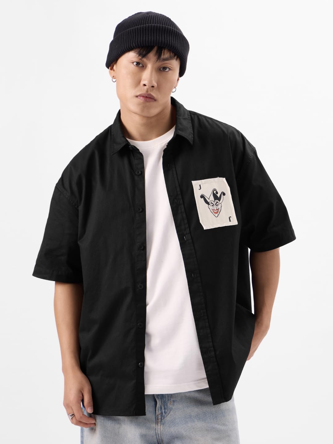 The Souled Store Official Joker: Devils Smile Men and Boys Short Sleeves Collared Neck Button Front Black Graphic Printed Cotto