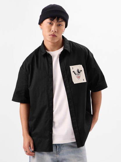 The Souled Store Official Joker: Devils Smile Men and Boys Short Sleeves Collared Neck Button Front Black Graphic Printed Cotto