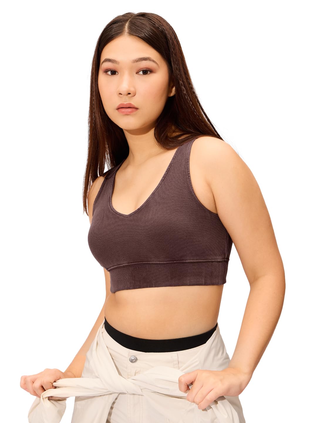 The Souled Store Solids: Mocha Brown Women and Girls Sleeveless Round Neck Bralette Top