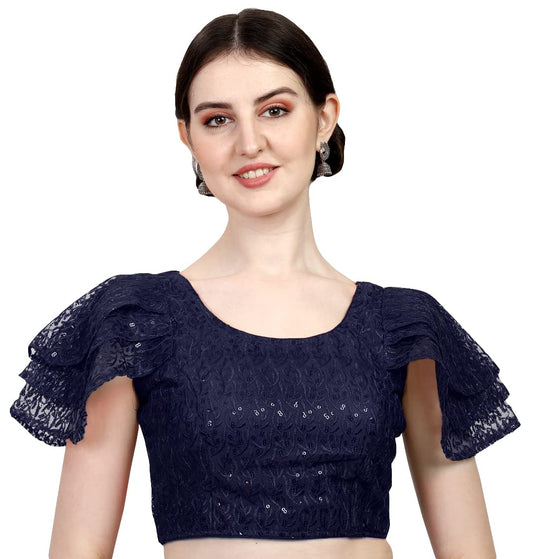 Pujia Mills Womens Multicolore Shifly Net Work Ruffle Sleeves Readymade Saree Blouse for Lehenga Choli