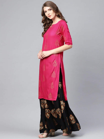 GoSriKi Women Rayon Printed Straight Kurta with Skirt(VERTIKA Pink)