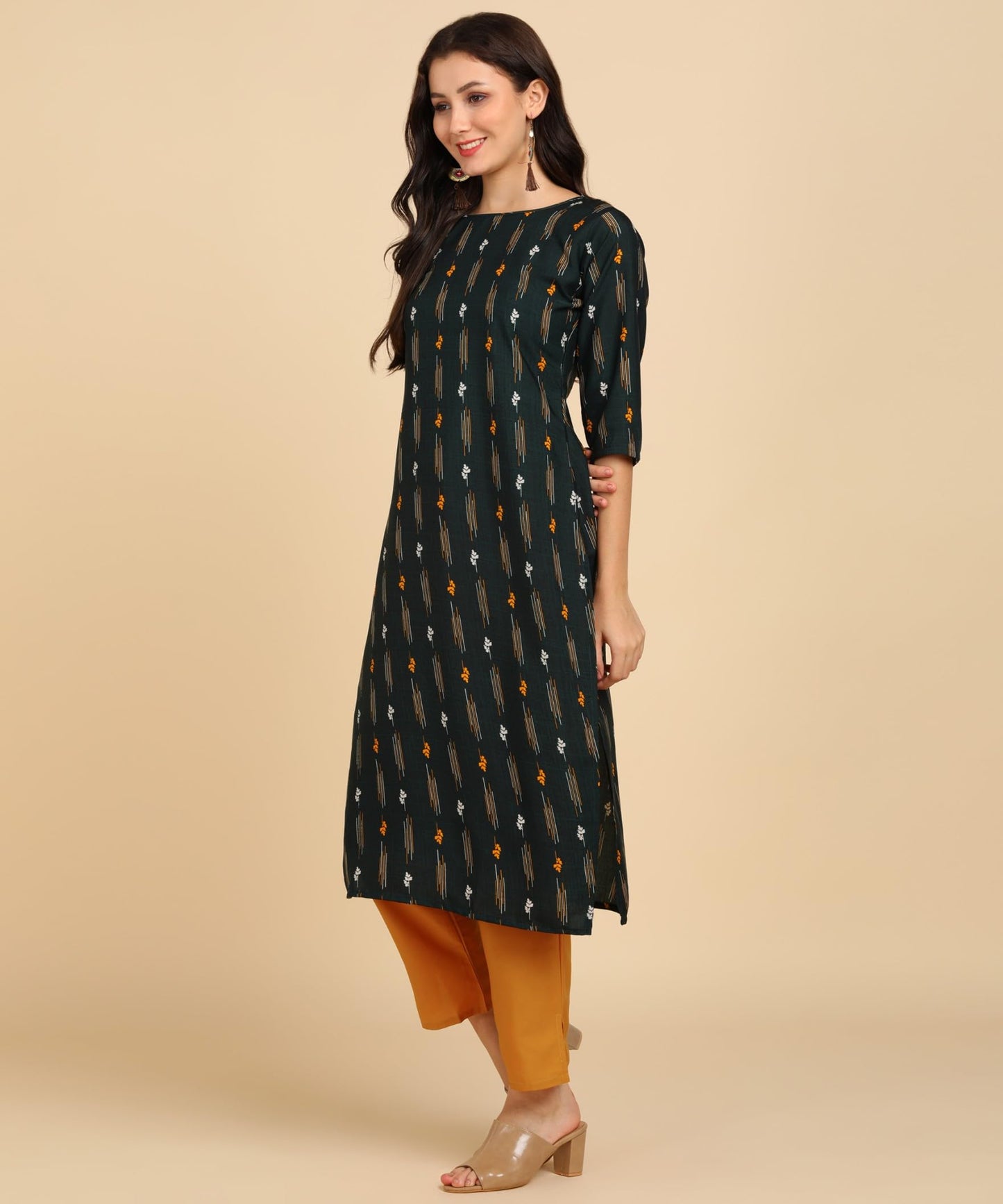 Patlani WomenS A-Line-Calf Langth Half Sleeve Crepe Kurti. Green