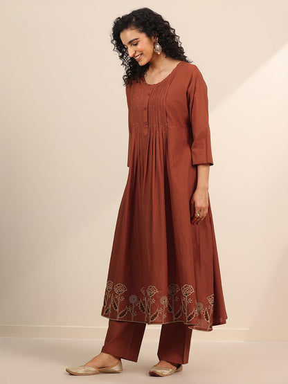 Rust Floral Embroidered Anarkali Kurta With Solid Palazzo And Embroidered Dupatta