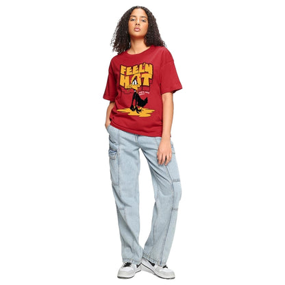 Bewakoof Looney Tunes X Merchandise Womens Feeln Hot Graphic Print Cotton T-Shirt- Oversized Fit, Round Neck, Half Sleeves 582