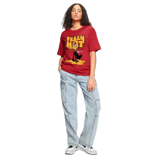 Bewakoof Looney Tunes X Merchandise Womens Feeln Hot Graphic Print Cotton T-Shirt- Oversized Fit, Round Neck, Half Sleeves 582