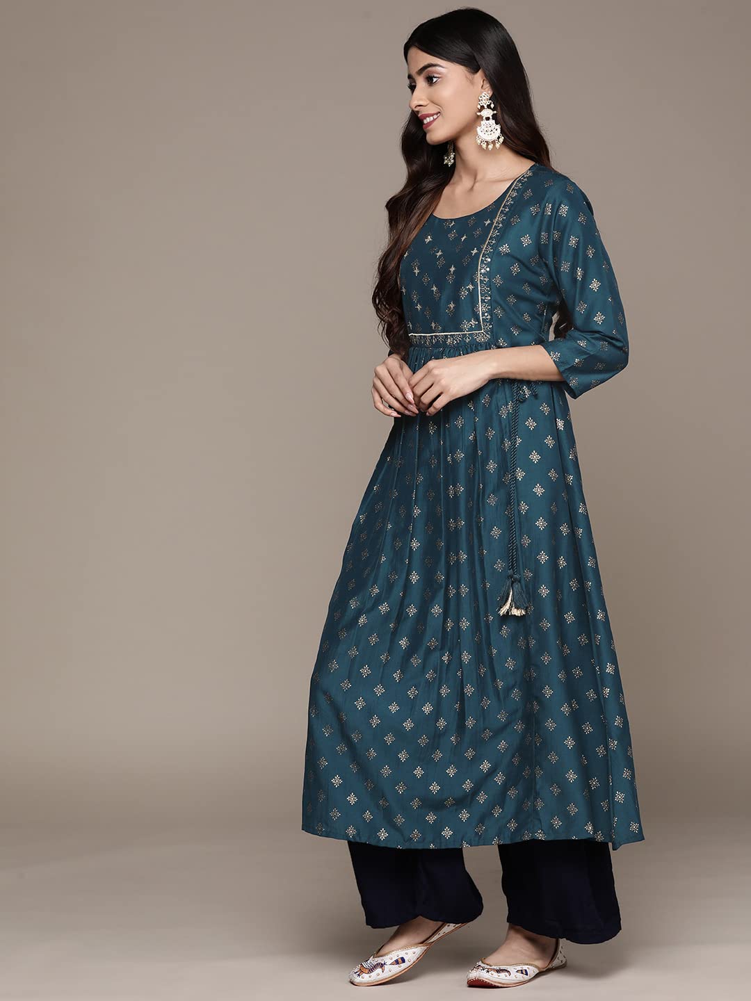 ishin Women's Silk Teal Embellished Foil Print A-Line Flared Kurta