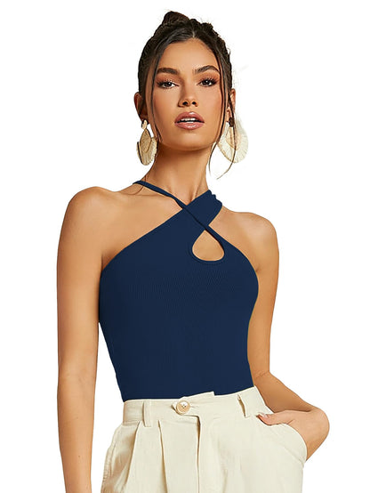 Sugathari Womens Navy Blue Criss Cross Front Ribbed Knit Korean Trendy Tank Western Tops for Women Stylish (T-Shirt 183 N Blue-