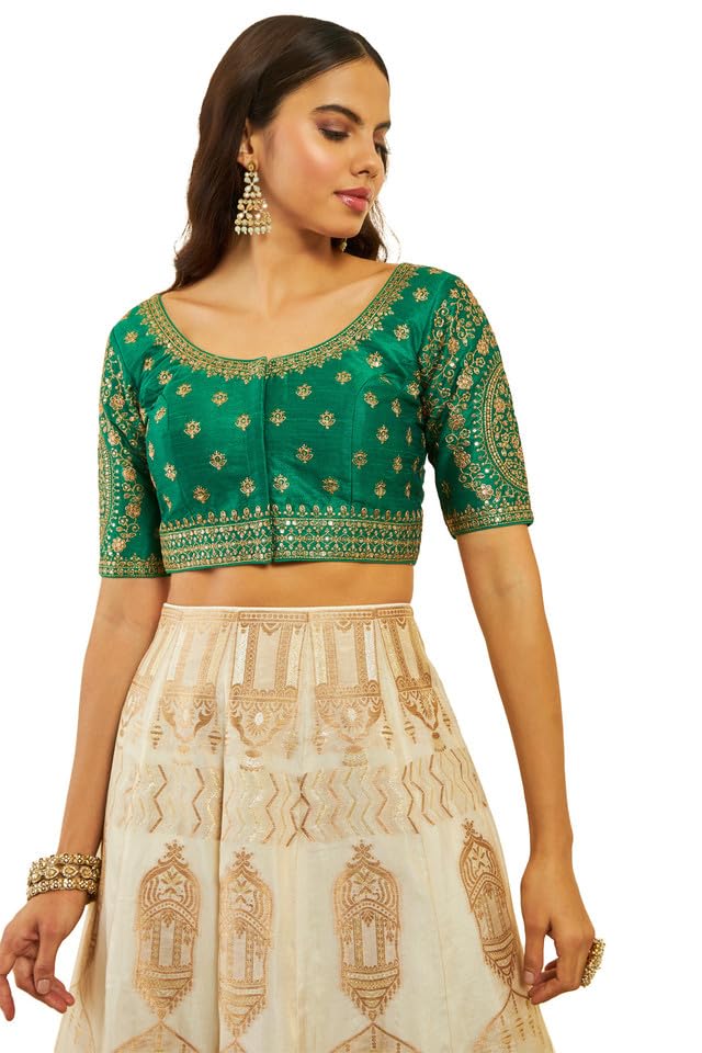 Soch Womens Green Tussar Embroidered Front-Open Blouse With Sequin Embellishments