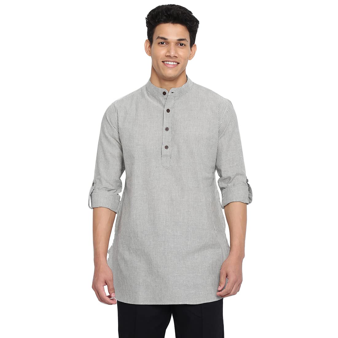 Fabindia Men Cotton Slim Fit Striped Short Kurta Grey_Xs