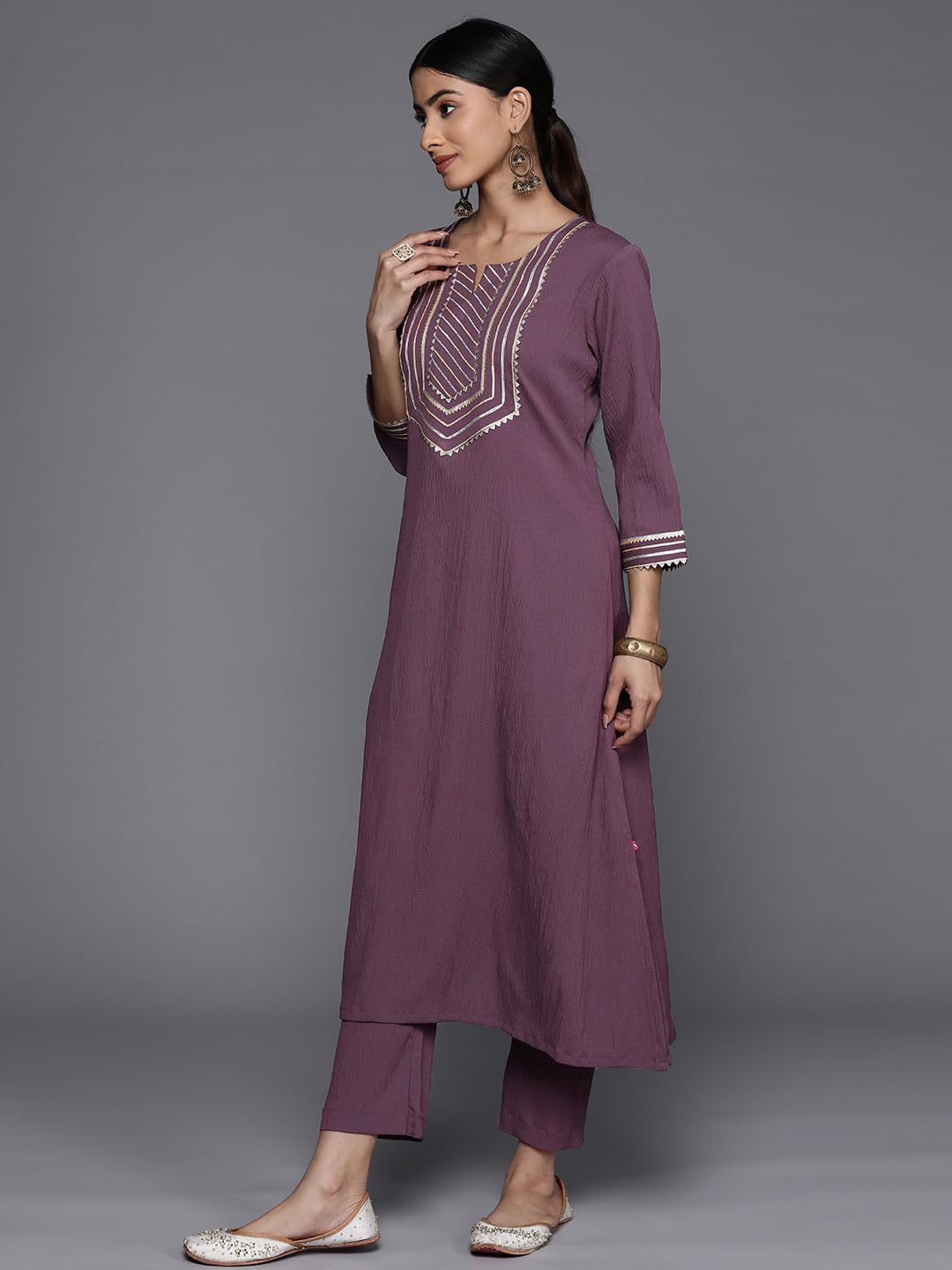 Violet Straight Kurta with Gota Lace Embellished Kurta, Round Neckline with Slit, Straight Kurta, Side Slit, Straight Hemline, Gota Lace Embellishment.