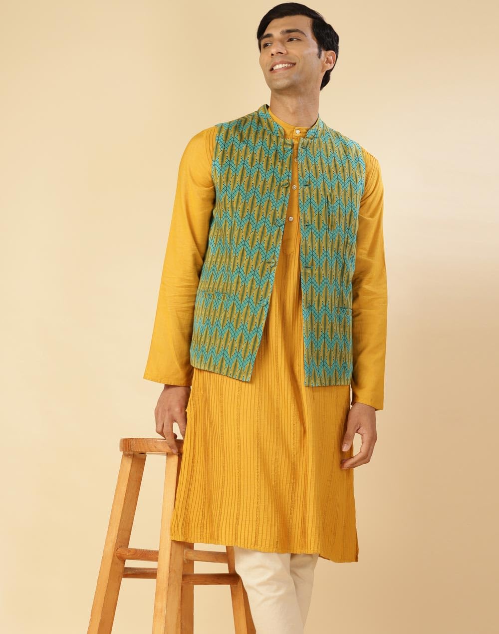 Fabindia Men's Teal Cotton Printed Jacket Nehru (1035049TEAL