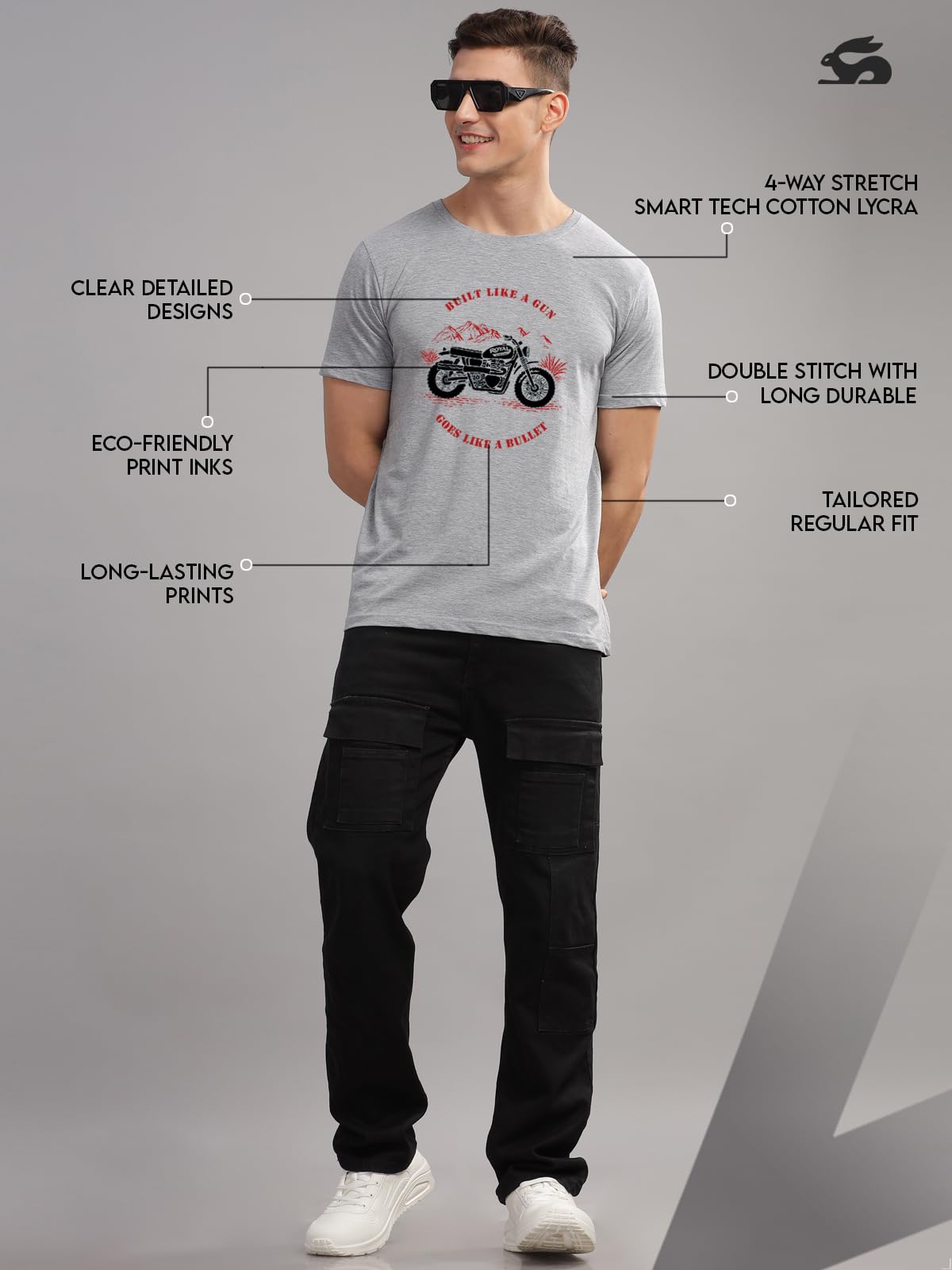 ADRO Men's Royal Bike Design Printed 100% Cotton T-Shirt - Regular Fit, Printed T-Shirts for Men (RN24-RYL-GR_Grey)