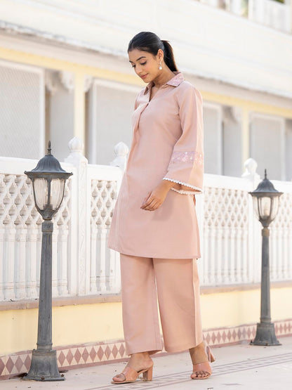 Varanga Embroidered Shirt Collar Tunic With Palazzo - Comfortable Fit, Stylish Design, Versatile Wear, Lightweight Fabric, And V