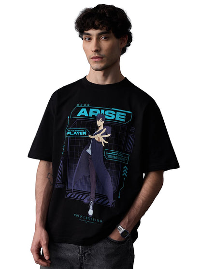 The Souled Store Solo Leveling: Arise Men and Boys Short Sleeves Round Neck Black Graphic Printed Cotton Oversized T-Shirts