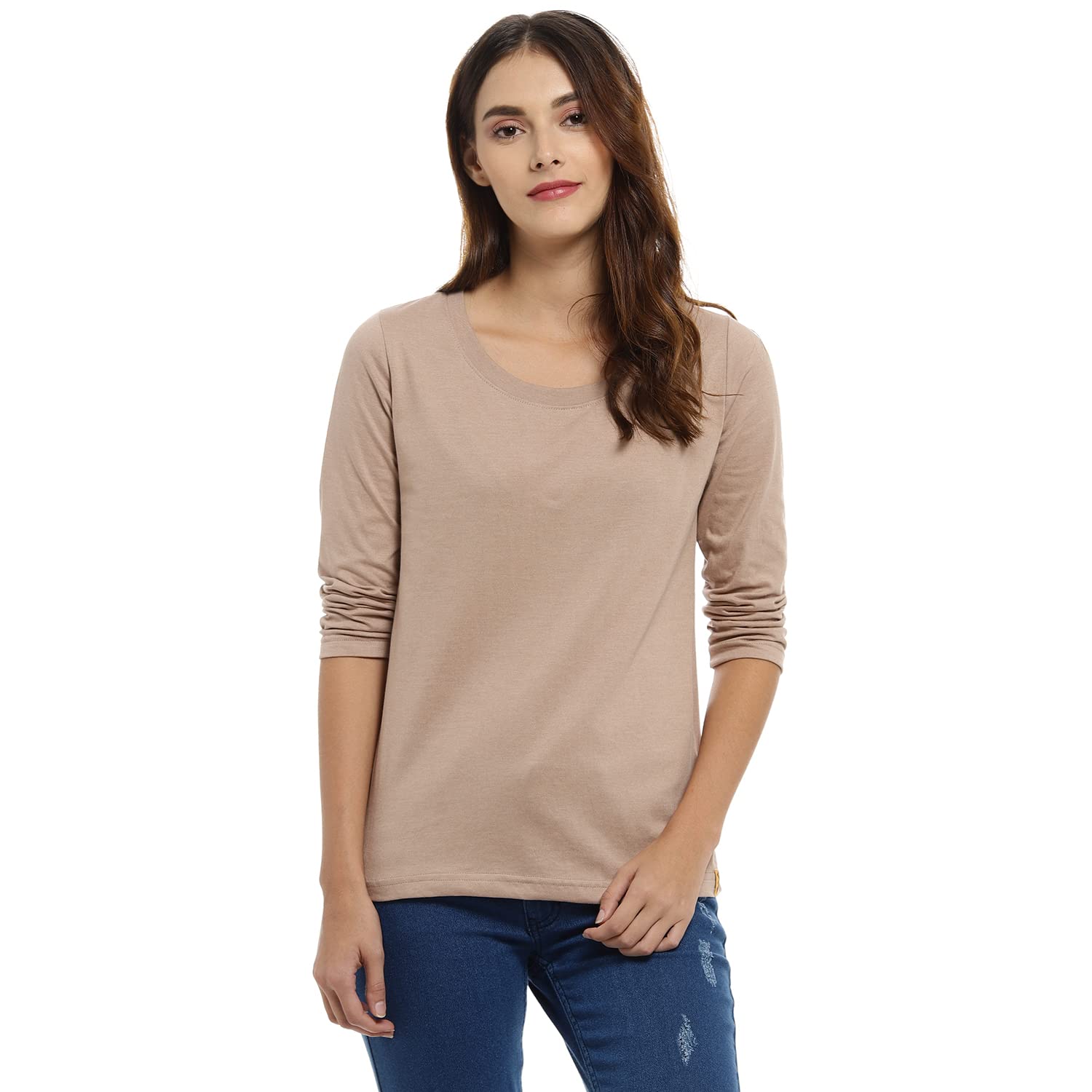 Campus Sutra Womens Solid Beige Crew Neck Long Sleeve Regular Fit Top for Casual Wear |Structured Top Crafted with Comfort Fit
