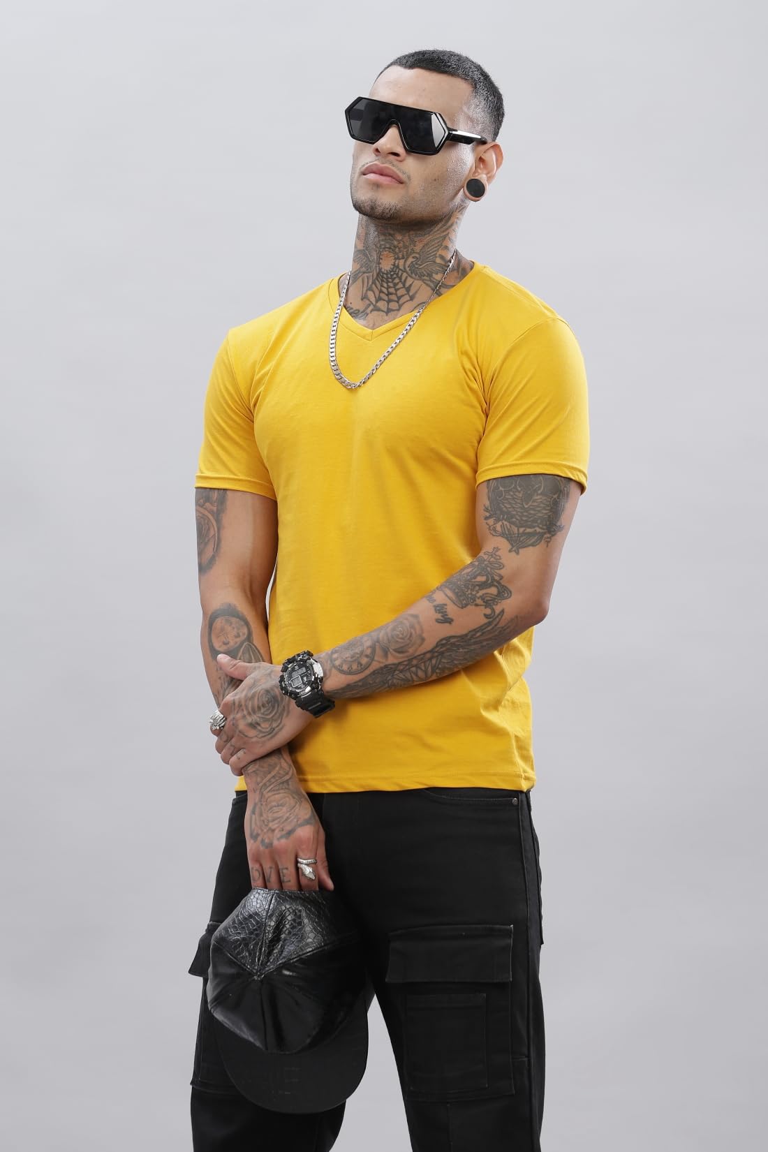 ADRO Men's V Neck Solid Cotton T-Shirt (VN-M-PLN-MU_Mustard)