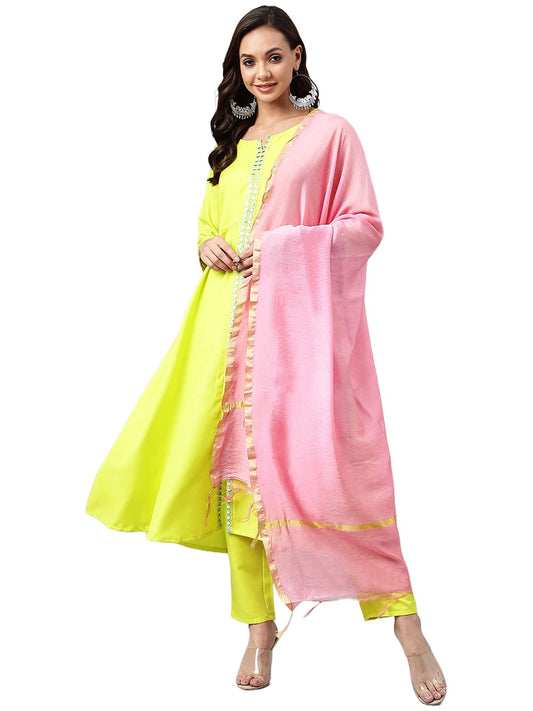 ANNI DESIGNER Women's Cotton Blend Embroidered Anarkali Kurta with Palazzo & Dupatta (Darwaja)