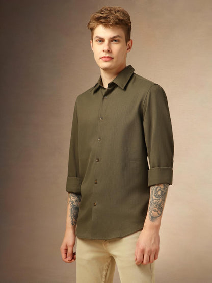 Dennis Lingo Solid Full Sleeves Spread Collar Polyester Regular Fit Men Casual-Shirt Olive