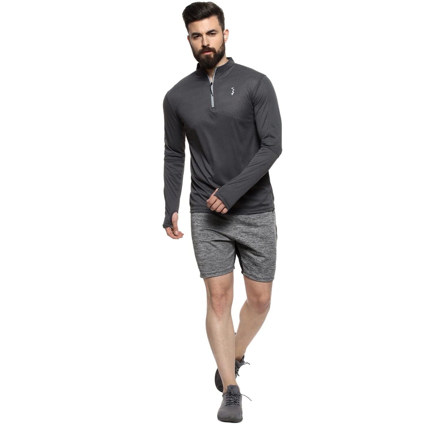 Campus Sutra Mens Dark Grey Full Sleeve Regular Fit T-Shirt for Active Wear |Zip Closure|T-Shirt Crafted with Comfort Fit and H