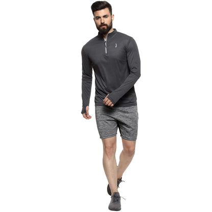 Campus Sutra Mens Dark Grey Full Sleeve Regular Fit T-Shirt for Active Wear |Zip Closure|T-Shirt Crafted with Comfort Fit and H