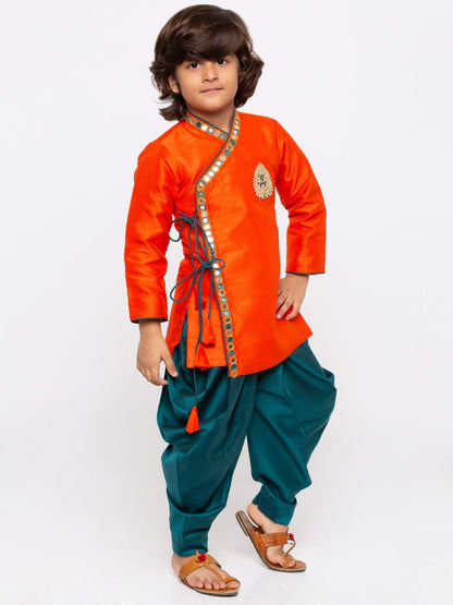 Vastramay Boys Orange Silk Blend Kurta Dhoti Set For Janmashtami - Krishna Festival Ethnic Wear