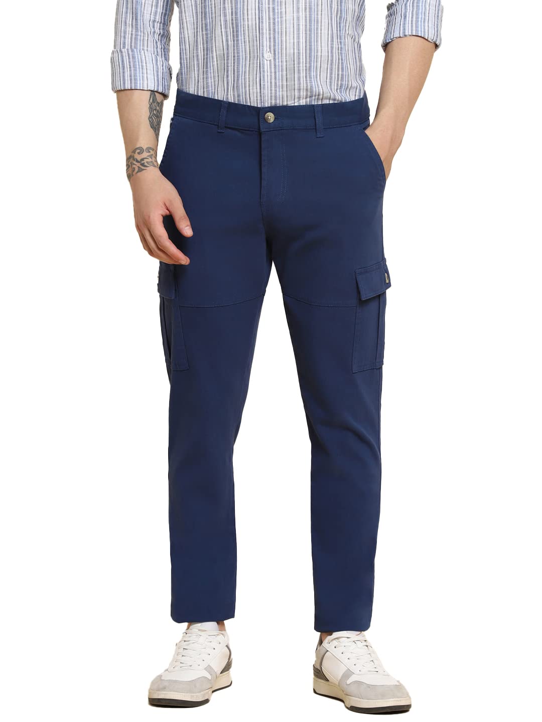 Dennis Lingo Mens Slim Fit Multi-Pocket Stretchable Cargo Trousers Denim Blue