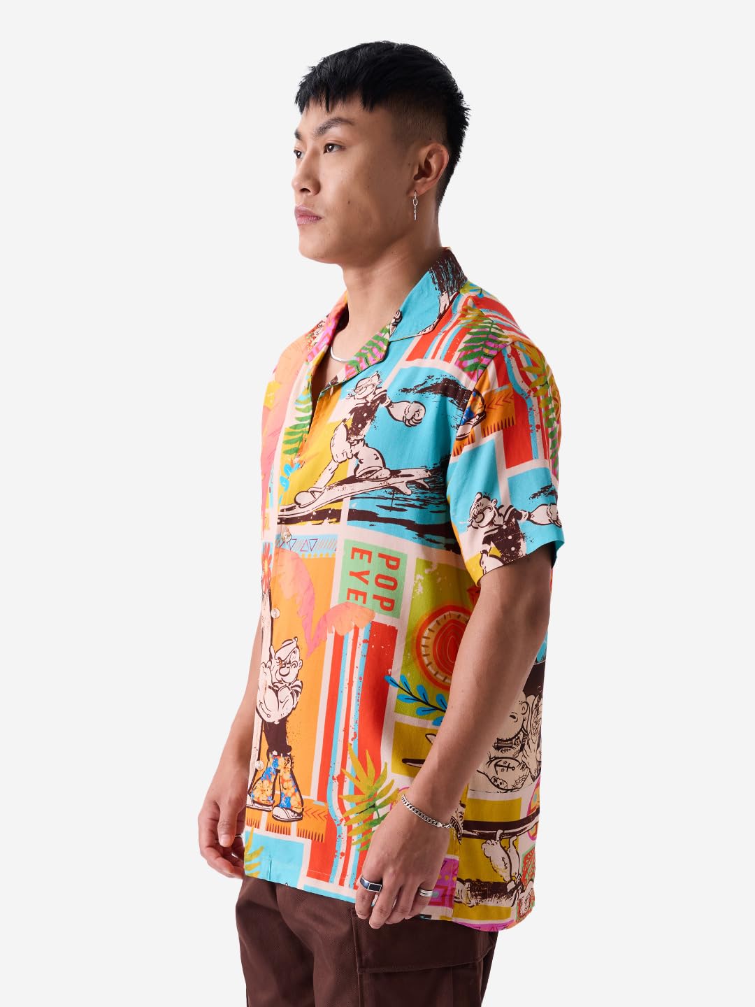 The Souled Store Official Popeye: Surfing Mens and Boys Loose fit Graphic Printed Half Sleeve Rayon Multicolored Summer Shirts S