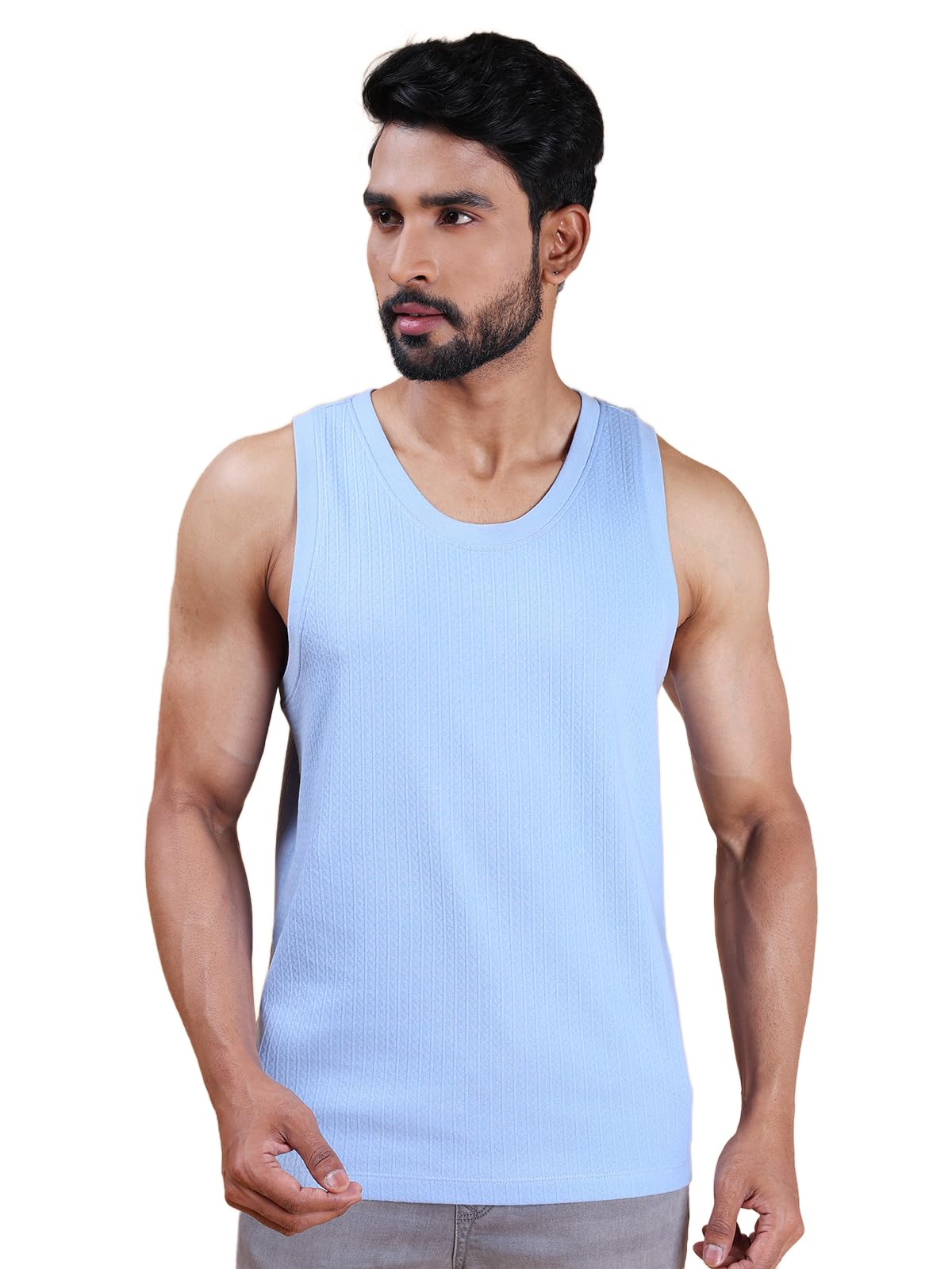 Colors Men Jacquard Sleeveless T-Shirt - 100% Cotton, Breathable, Super Stretch, Anti-Fungal Dye Vest. Pack of 1
