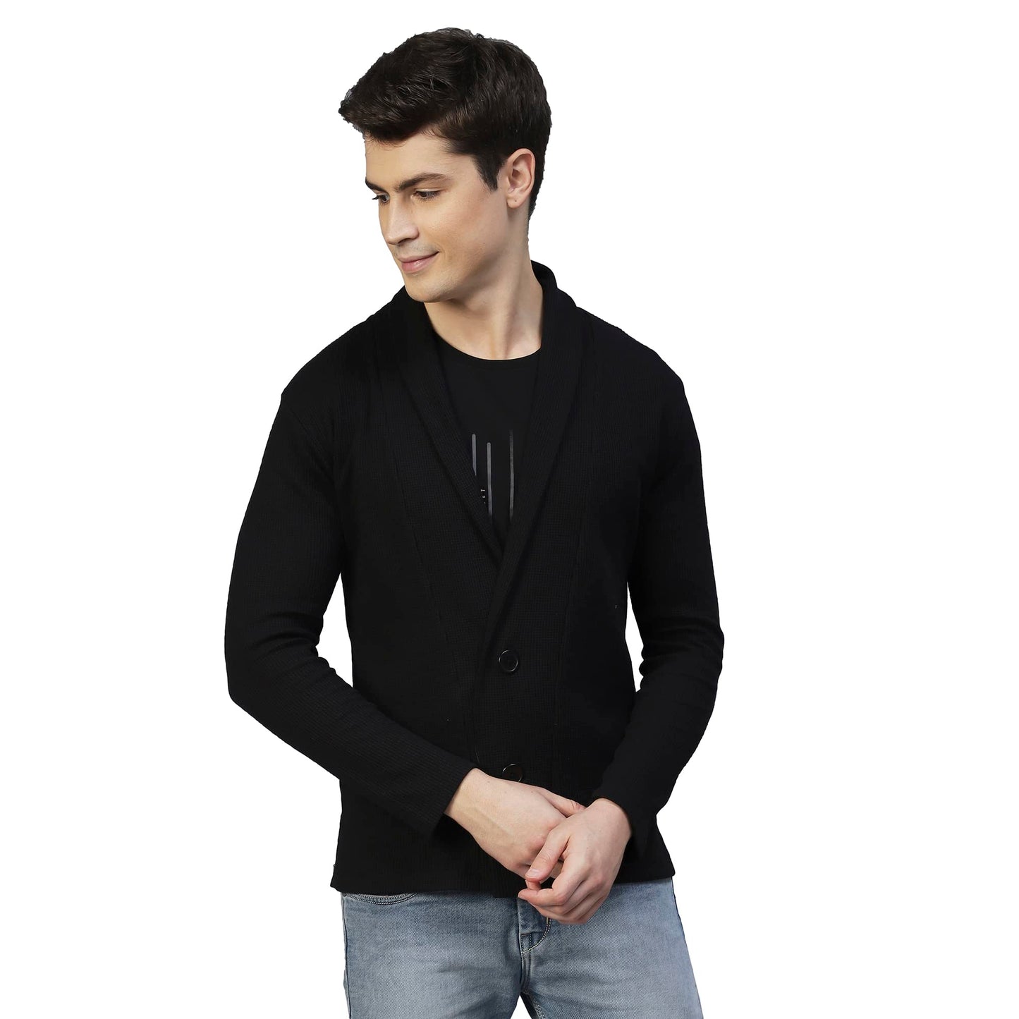 Rigo Waffle Knit Shrug for Men | Full Sleeve, Shawl Collar Cardigan for Men | Best for Casual Wear, Fashion Wear Cardigan Black