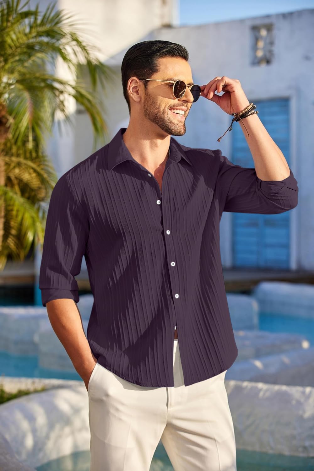 Finivo Fashion MenS Casual Cotton Plain Button Down Shirt Long Sleeve Textured Summer Beach Shirt For Men Purple