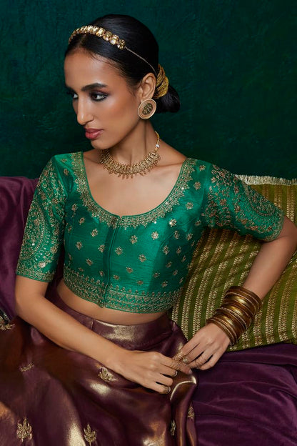 Soch Womens Green Tussar Embroidered Front-Open Blouse With Sequin Embellishments