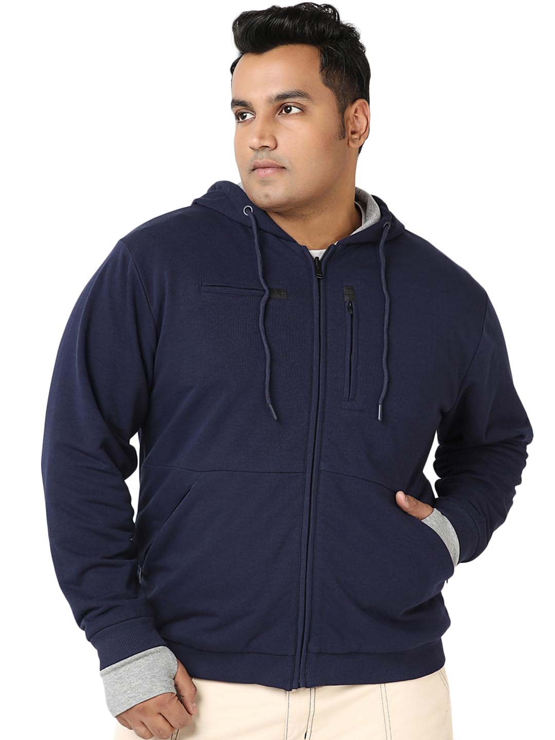 Bewakoof Mens Solid Regular Fit Full Sleeve Cotton Blend Plus Size Reversible Zipper Airport Hoodies_685558_Blue_4XL