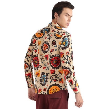 Campus Sutra Mens Multicolour Ethnic Floral Shirt for Casual Wear | Spread Collar | Long Sleeve | Button Closure | Cotton Shirt