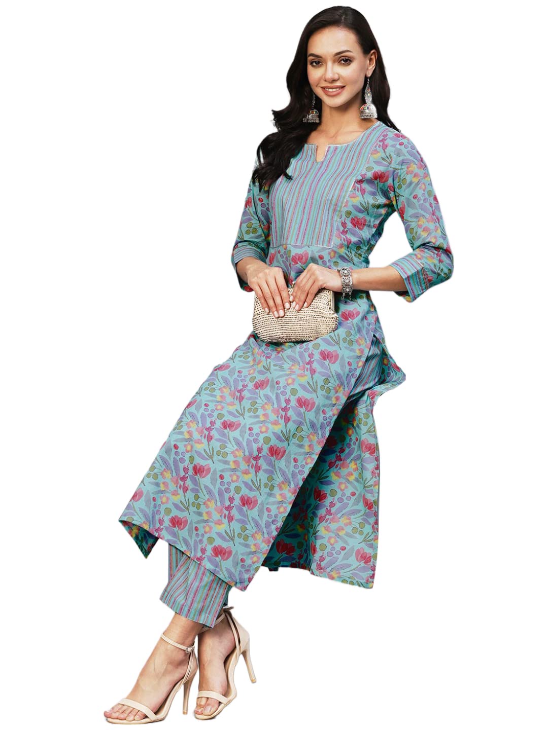 GoSriKi Women's Cotton Blend Printed Straight Kurta with Pant (Nand Blue-GS)