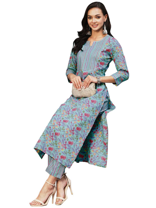 GoSriKi Women's Cotton Blend Printed Straight Kurta with Pant (Nand Blue-GS)
