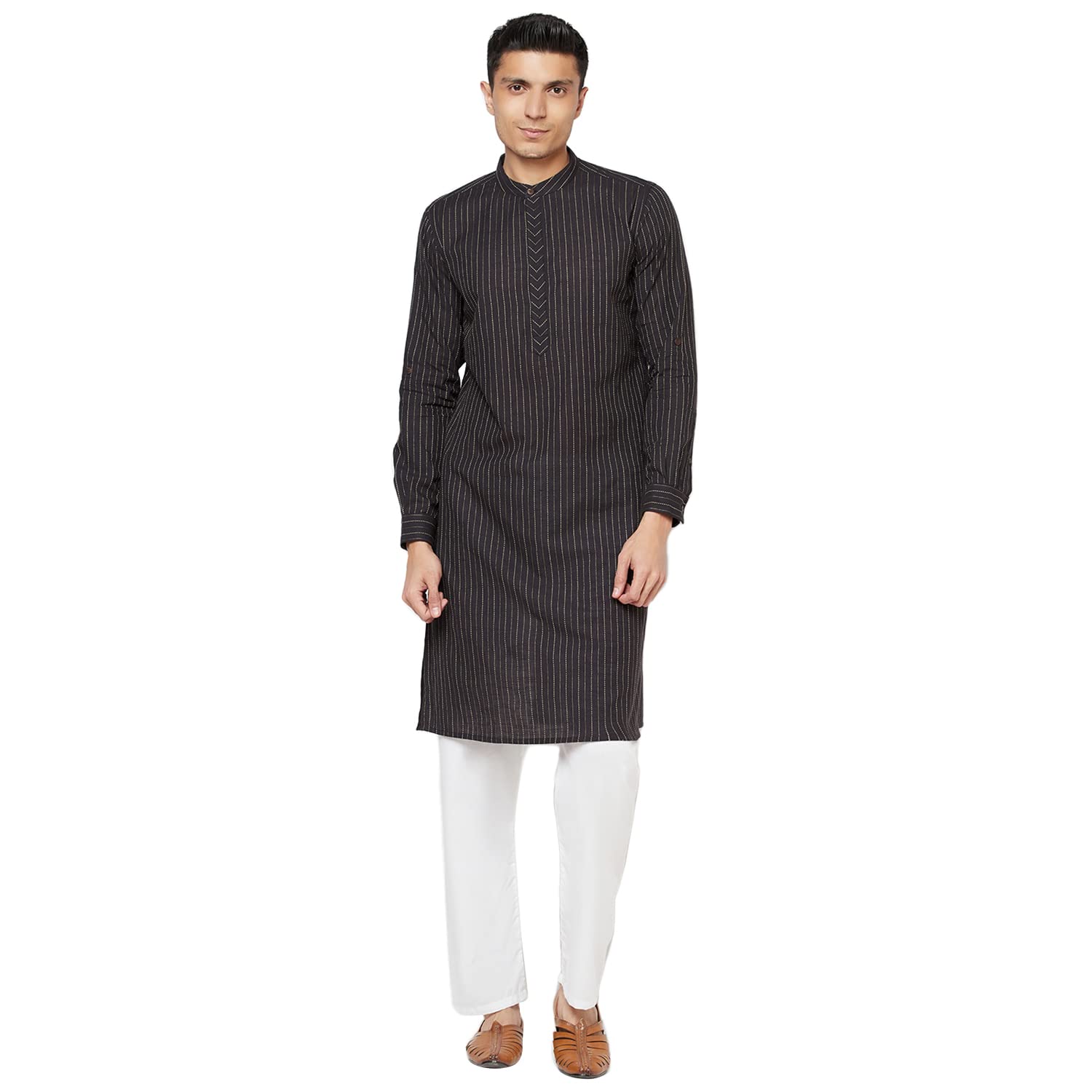 Fabindia MenS Cotton Geometric Slim Kurta_Black_Xs