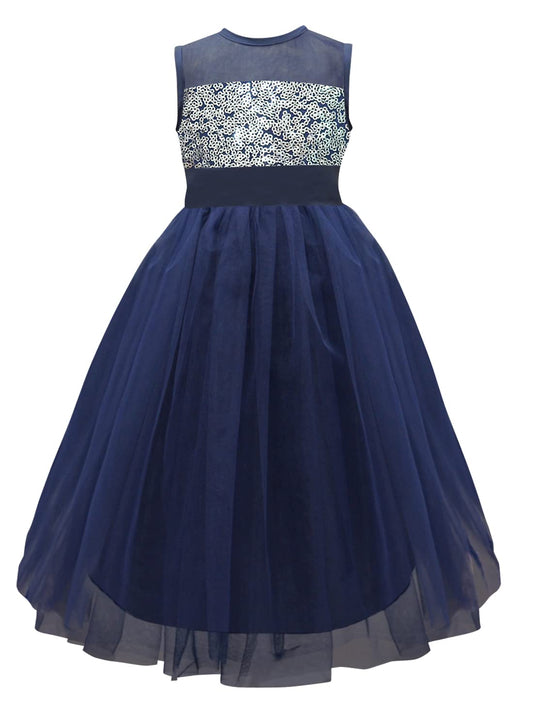 A.T.U.N. Girls Sequins Tulle Party Gown Navy-Silver