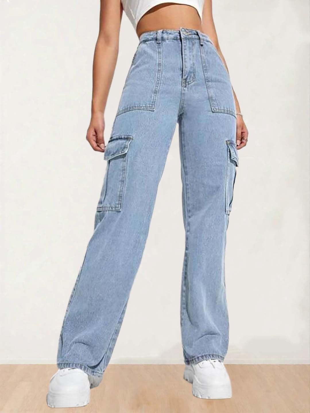 Kotty WomenS Solid High Rise Relaxed Fit Cargo Jeans Light Blue