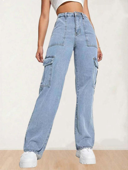 Kotty WomenS Solid High Rise Relaxed Fit Cargo Jeans Light Blue