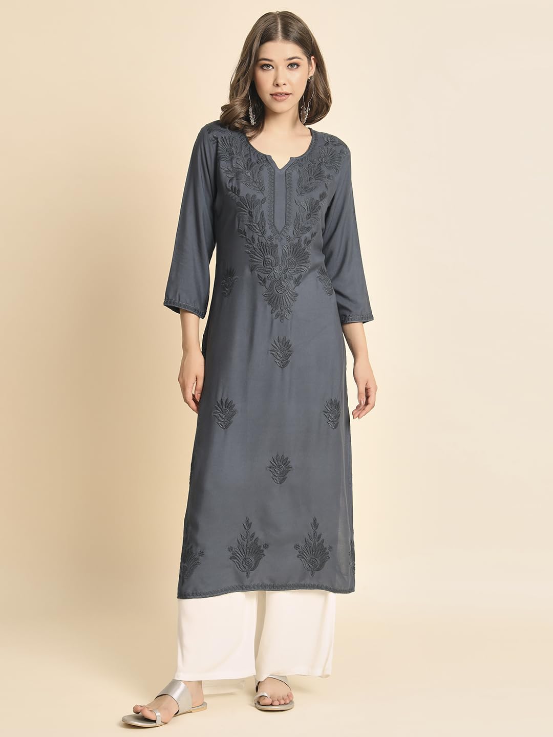 VAIRAGEE Womens Rayon Straight Cut Round Neck Kurta with Beautiful Lucknowi Chickenkari Work (1593) Grey