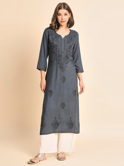 VAIRAGEE Womens Rayon Straight Cut Round Neck Kurta with Beautiful Lucknowi Chickenkari Work (1593) Grey