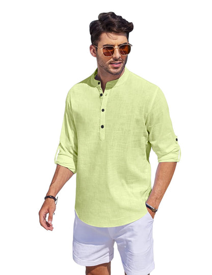 Hemrin Men Solid Cotton Blend Straight Kurta Shirt Light Yellow