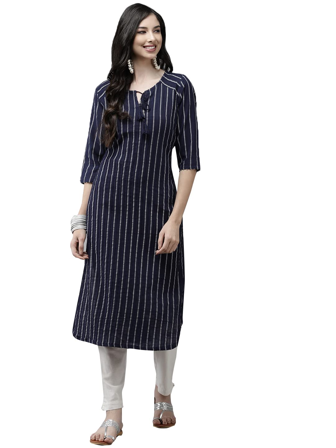 ishin Women's Cotton Pathani Embellished Beads and Stones Striped Print Navy Blue Kurti