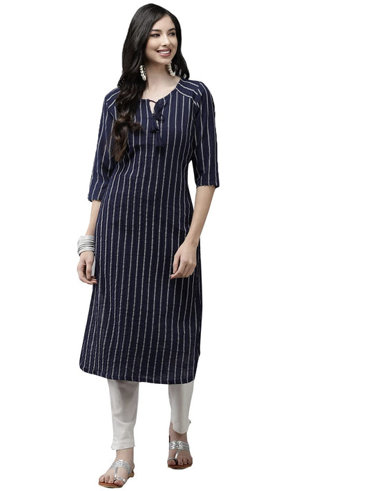 ishin Women's Cotton Pathani Embellished Beads and Stones Striped Print Navy Blue Kurti