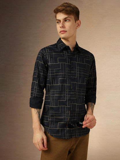 Dennis Lingo MenS Blue Full Sleeve Spread Collar Printed Regular Fit Casual Shirt