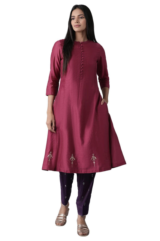 W for Woman Women Mandarin Neck Kurta Solid 44 L 3/4Th SLV