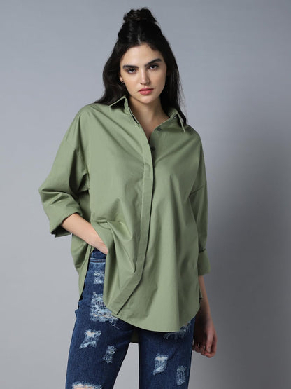 High Star WomenS Cotton Oversized Fit Shirt (Hswshs23001B_Gn_Green
