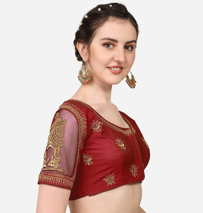 Pujia Mills WomenS Multicolor Temple Embroidery Net Back Sequence Khatli Work Sleeves Design Phantom Silk Readymade Saree Blous