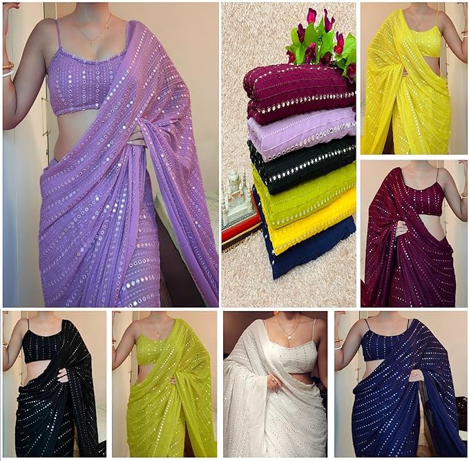 Flosive Women's Georgette Saree with Blouse, One Size, Lemon Yellow, Model NF-AARZOO