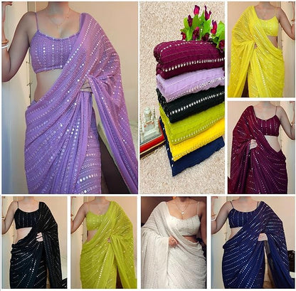Flosive Women's Georgette Saree with Blouse, One Size, Lemon Yellow, Model NF-AARZOO